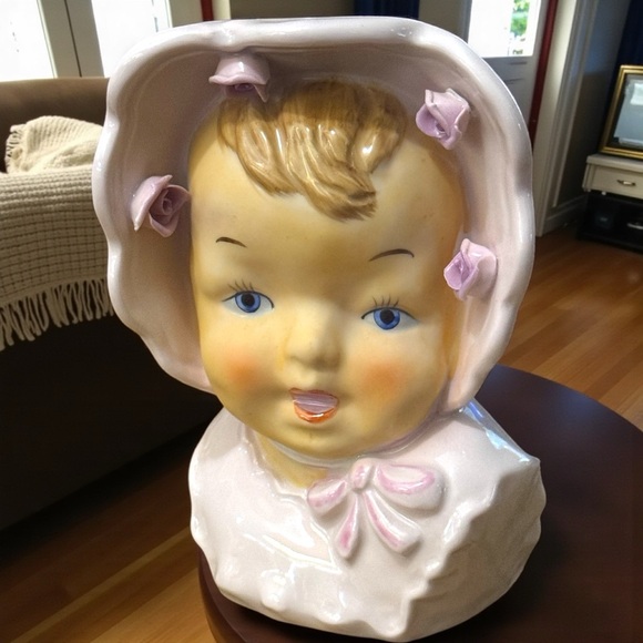 Vintage Other - Vintage Ceramic Baby with Bonnet Head Vase Multicolor Floral Design